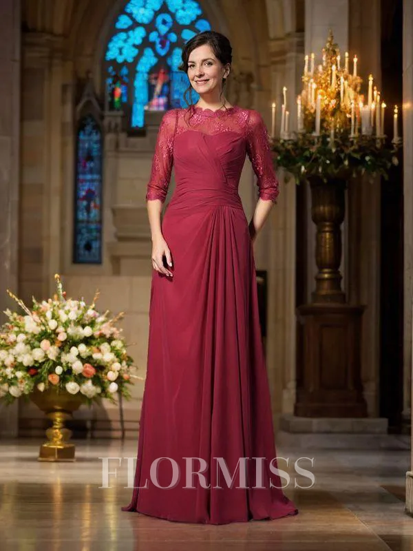 A-Line/Princess Scoop Sweep Train Chiffon Mother of the Bride Dresses With Appliques Lace