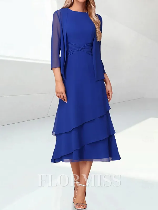 A-line Scoop Cascading Ruffles Tea-Length Chiffon Mother of the Bride Dress