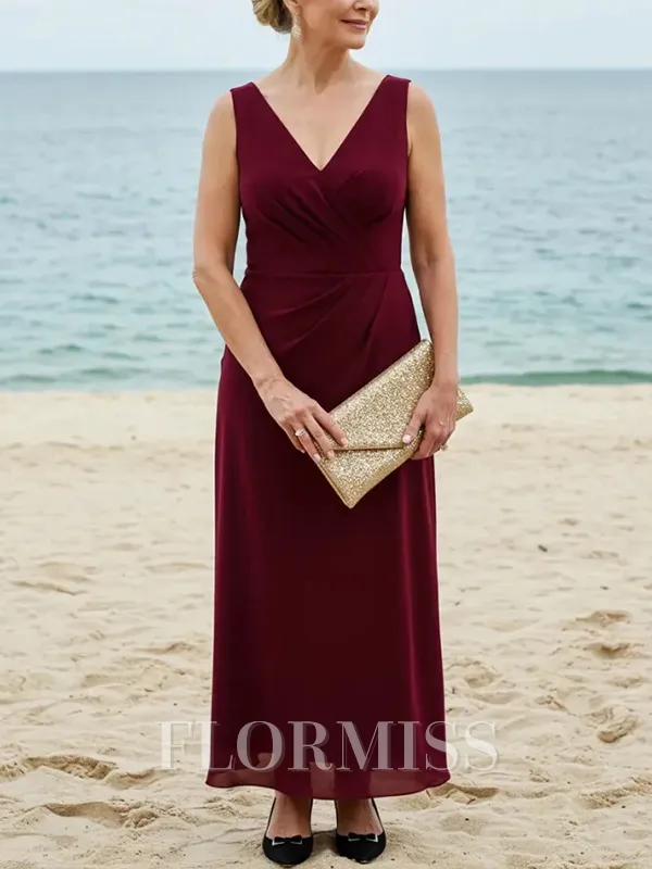 Sheath V-neck Pleated Ankle-Length Chiffon Mother of the Bride Dress