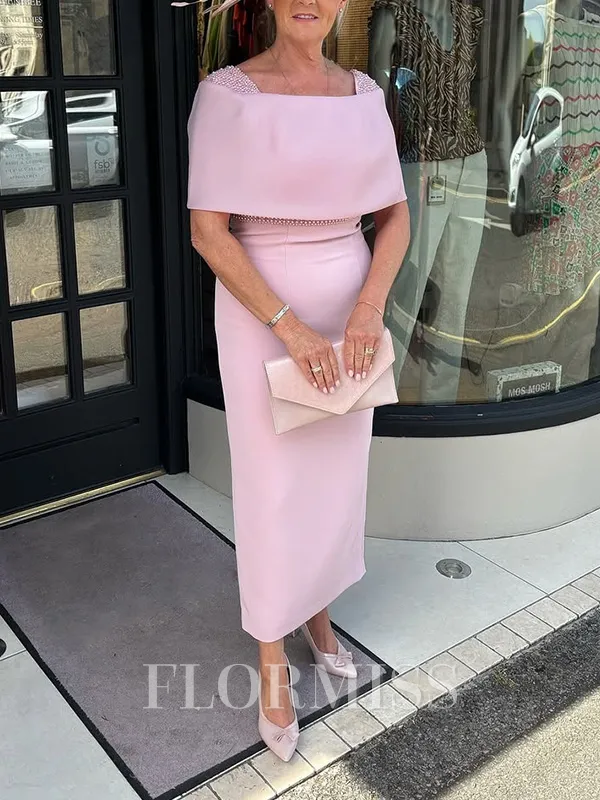 Sheath Square Short Sleeves Beading Tea-Length Stretch Crepe Mother of the Bride Dress