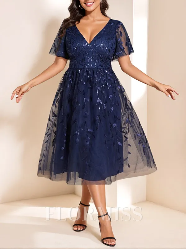 A-line V-neck Short Sleeves Tea-Length Lace Mother of the Bride Dress