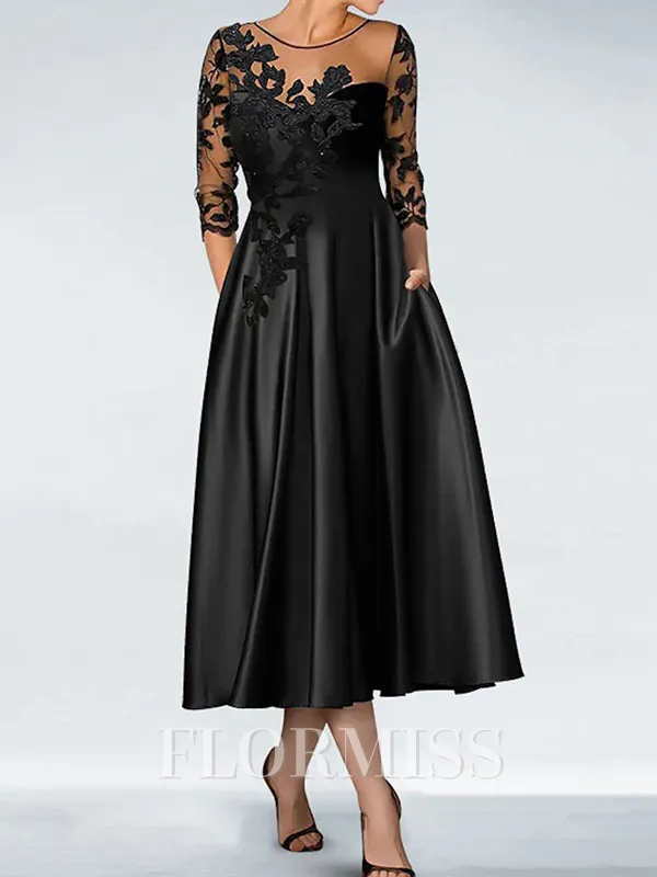 A-line Scoop 3/4 Sleeves Appliques Lace Tea-Length Silk Like Satin Mother of the Bride Dress