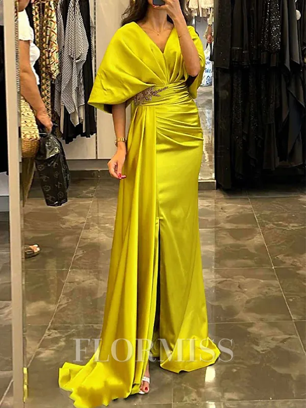 Sheath V-neck 1/2 Sleeves Pleated Sweep Train Silk Like Satin Mother of the Bride Dress