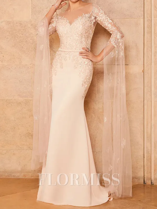 Sheath Scoop Long Sleeves Appliques Lace Sweep Train Stretch Crepe Mother of the Bride Dress