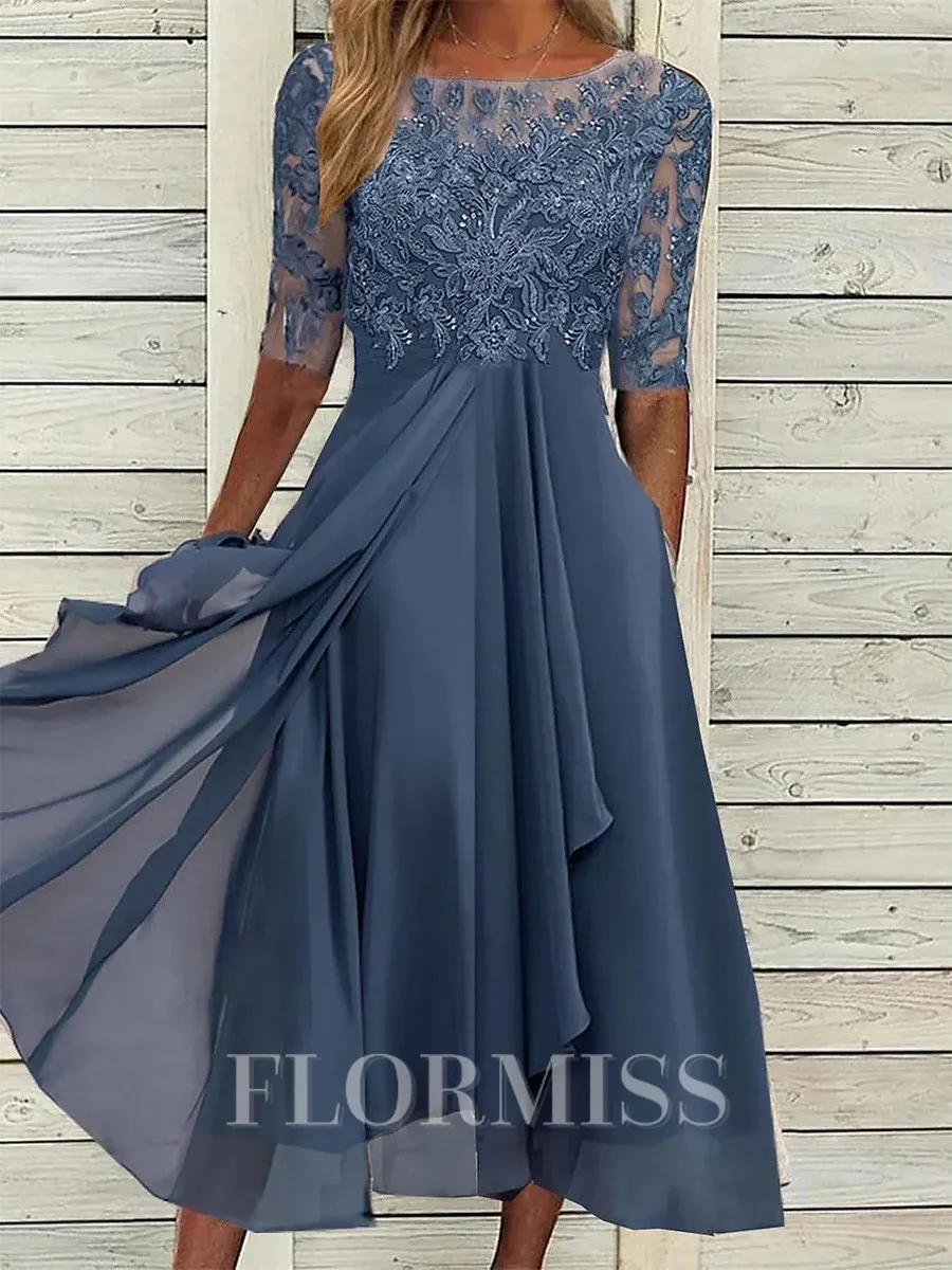 A-line Scoop 1/2 Sleeves Appliques Lace Tea-Length Chiffon Mother of the Bride Dress