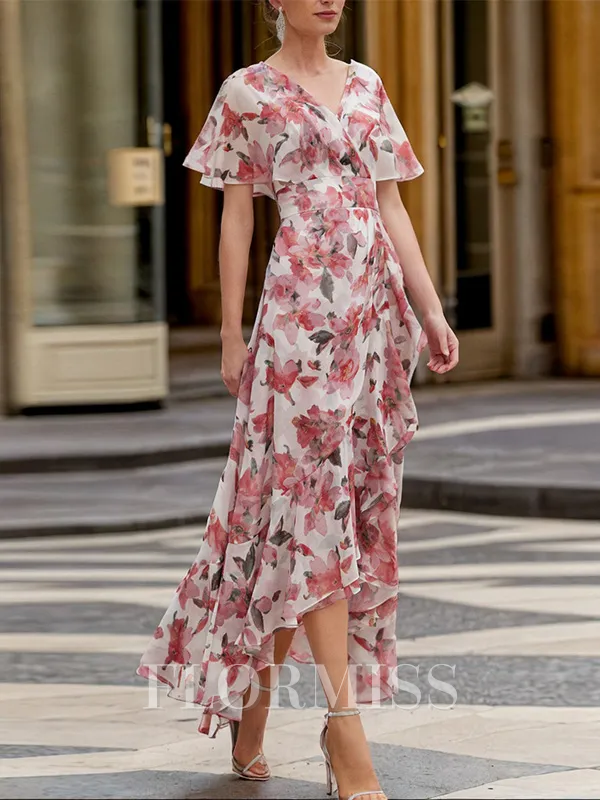 A-line V-neck Short Sleeves Ruffles Asymmetrical Mother of the Bride Dress