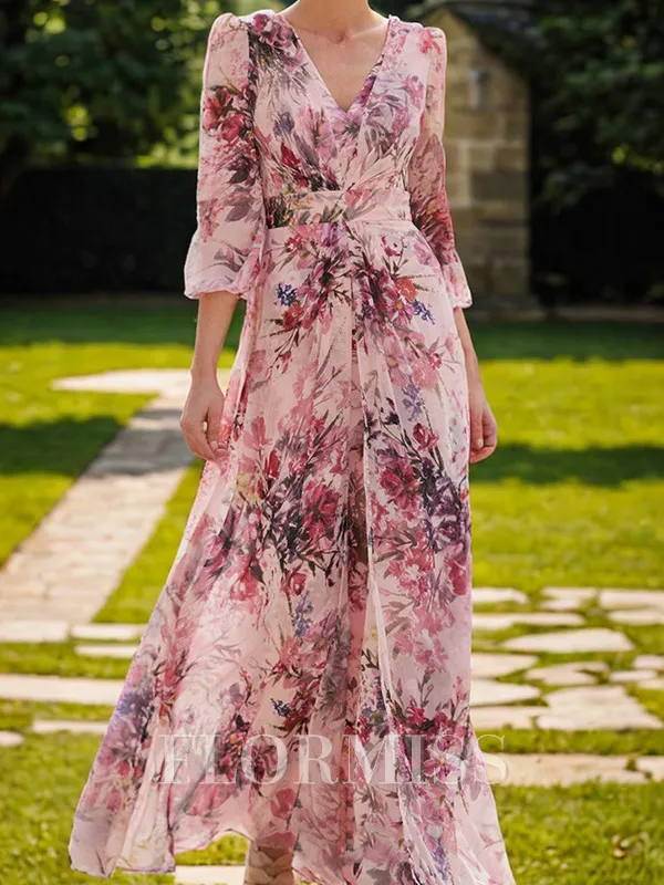 A-line V-neck 3/4 Sleeves Ruffles Ankle-Length Mother of the Bride Dress