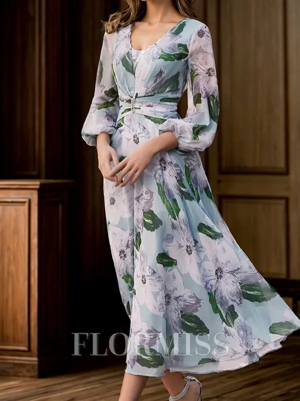 A-line V-neck Long Sleeves Pleated Tea-Length Mother of the Bride Dress