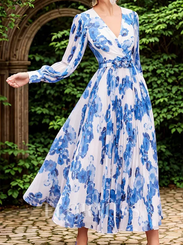 A-line V-neck Long Sleeves Flower Tea-Length Mother of the Bride Dress
