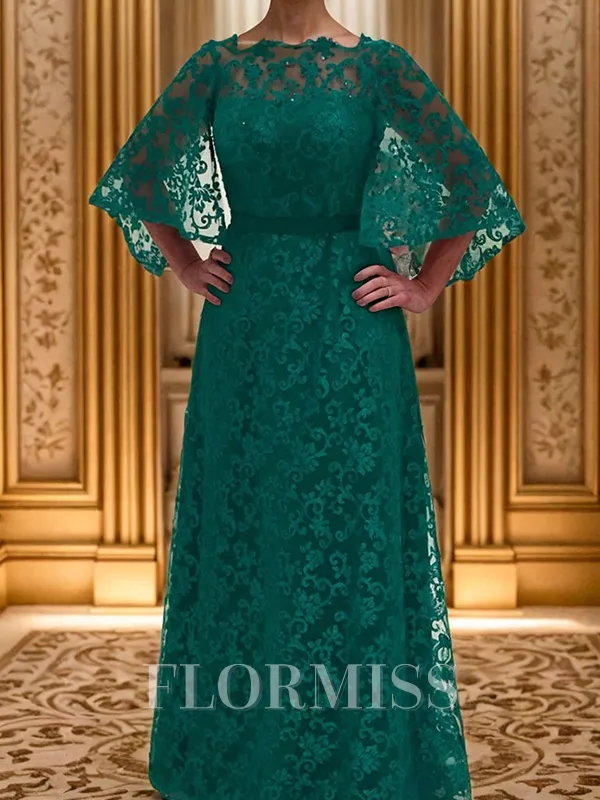 A-line Scoop 3/4 Sleeves Floor-Length Lace Mother of the Bride Dress