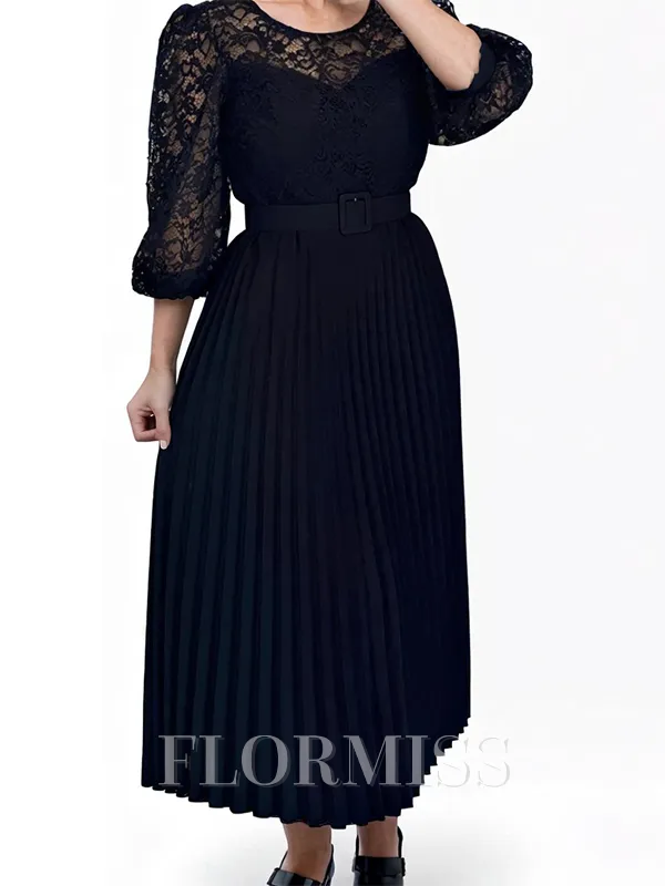 A-line Scoop 3/4 Sleeves Appliques Lace Ankle-Length Chiffon Mother of the Bride Dress