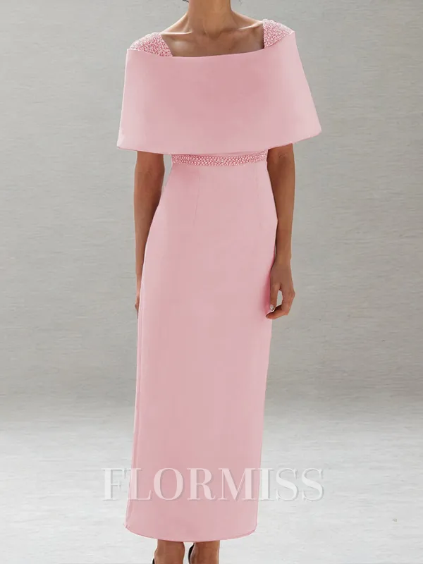 Sheath Scoop Short Sleeves Beading Ankle-Length Mother of the Bride Dress