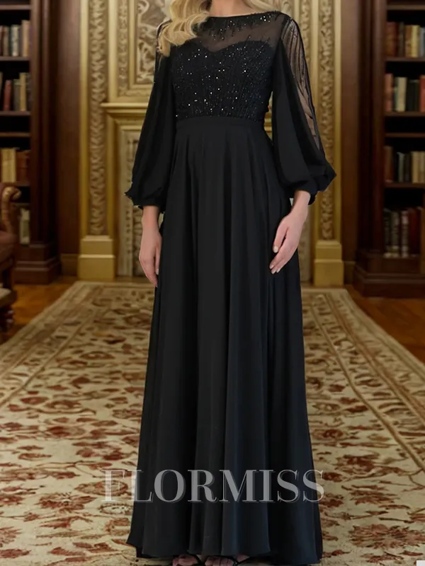 A-line Scoop Long Sleeves Beading Floor-Length Chiffon Corset Mother of the Bride Dress