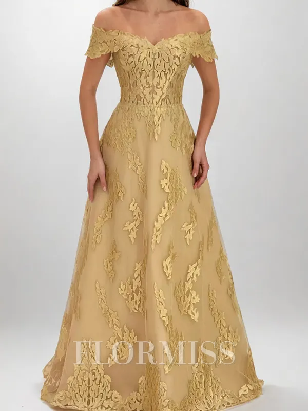 A-line Off-the-Shoulder Appliques Lace Floor-Length Lace Corset Mother of the Bride Dress