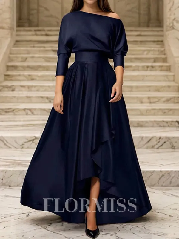A-line 3/4 Sleeves Ruffles Asymmetrical Silk Like Satin Mother of the Bride Dress