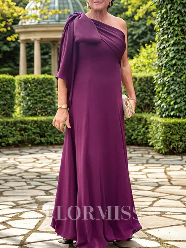 Sheath One-Shoulder 3/4 Sleeves Bow Floor-Length Stretch Crepe Mother of the Bride Dress