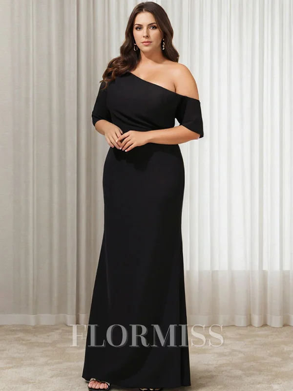 Sheath/Column Stretch Crepe One Shoulder 1/2 Sleeves Floor-Length Mother of the Bride Dress
