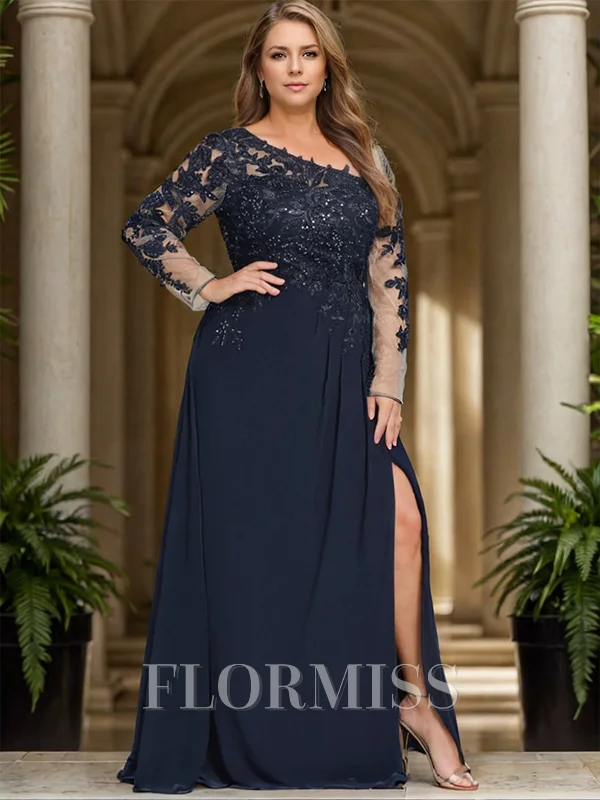 A-line/Princess Chiffon One Shoulder Long Sleeves Floor-Length Leg Slit Mother of the Bride Dress