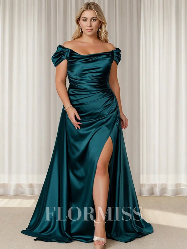 Sheath/Column Silk like Satin Off the Shoulder Sleeveless Sweep Train Leg Slit Mother of the Bride Dress