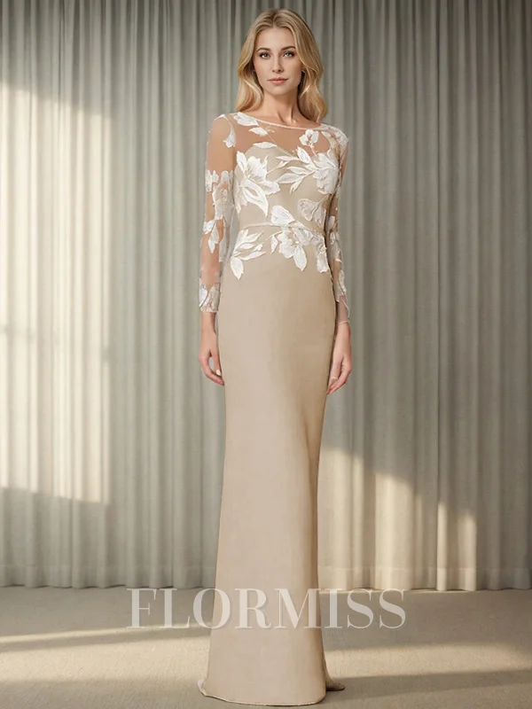 Sheath/Column Stretch Crepe Scoop Long Sleeves Floor-Length Mother of the Bride Dress
