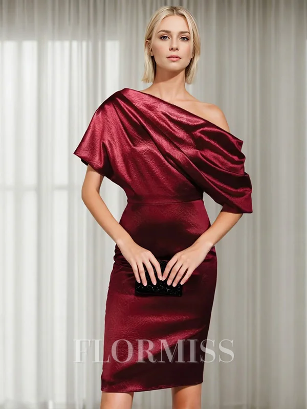 Sheath/Column Silk like Satin One Shoulder 1/2 Sleeves Knee-Length Mother of the Bride Dress