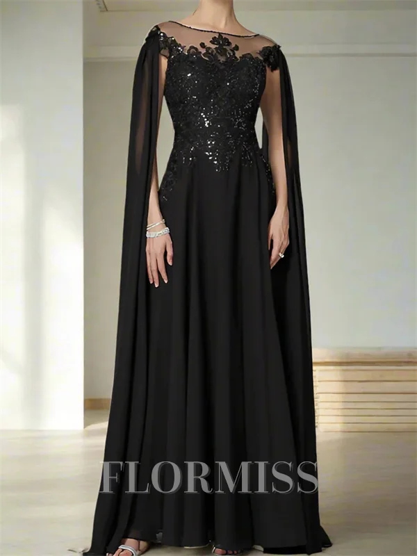 A-line Scoop Short Sleeves Appliques Lace Floor-Length Chiffon Corset Mother of the Bride Dress