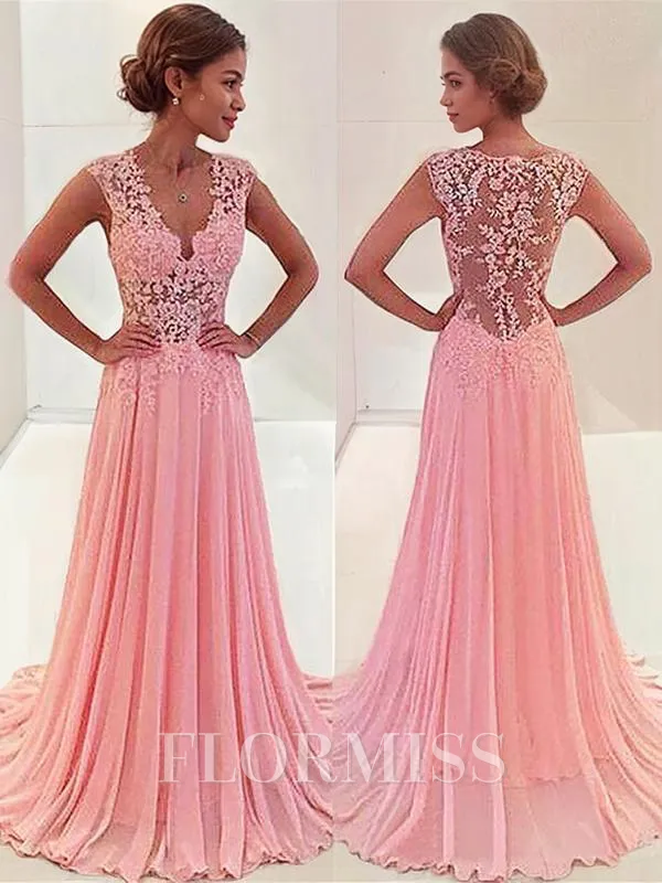 A-Line/Princess V-neck Sweep Train Chiffon Prom Dress With Appliques Lace