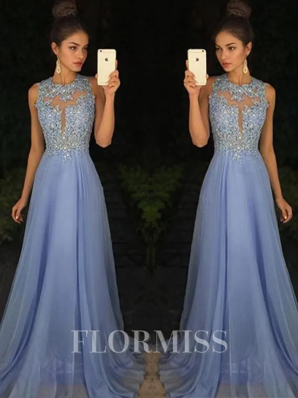 A-Line/Princess Scoop Sweep Train Chiffon Prom Dress With Appliques Lace