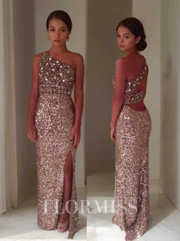 Sheath/Column One-Shoulder Sweep Train Sequins Prom Dress With Leg Slit