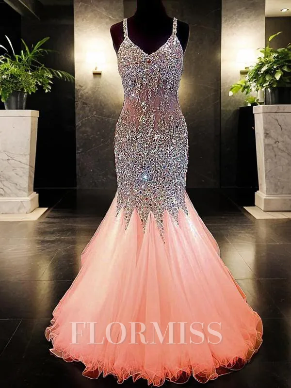 Trumpet/Mermaid V-neck Floor-Length Tulle Prom Dress With Rhinestone