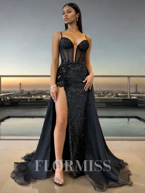 Sheath Spaghetti Straps Appliques Lace Sweep Train Porm Dress