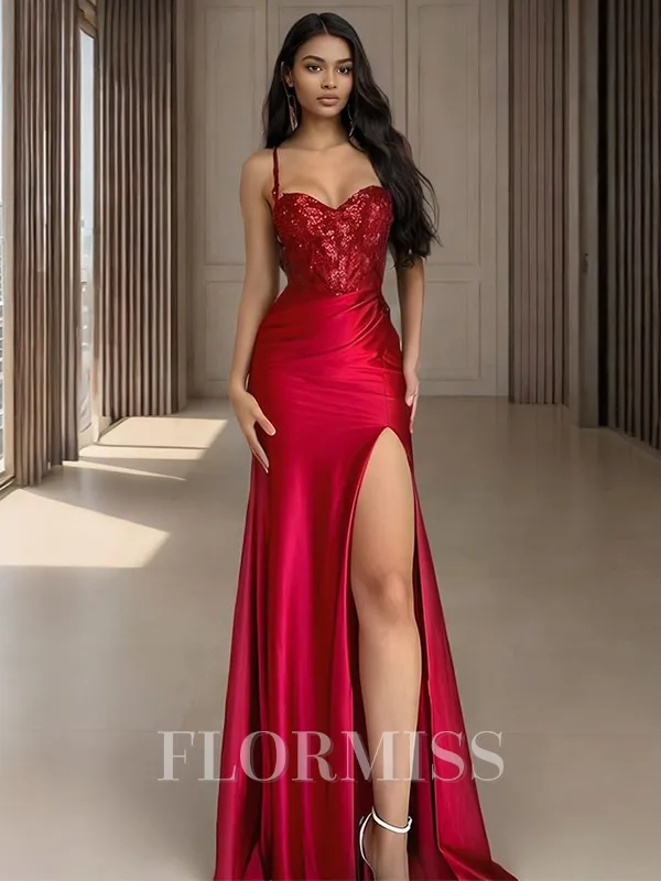 Sheath Spaghetti Straps Appliques Lace Floor-Length Silk Like Satin Porm Dress