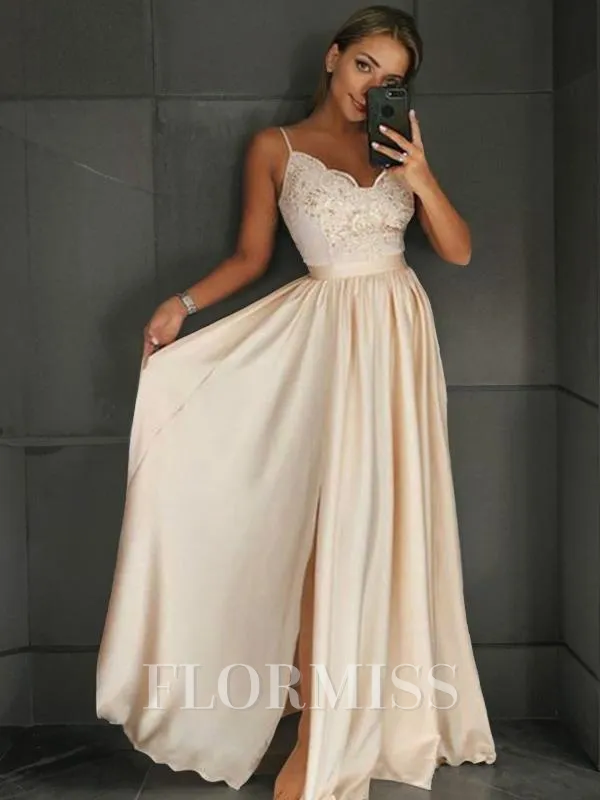 A-Line/Princess V-neck Floor-Length Silk like Satin Prom Dress With Leg Slit