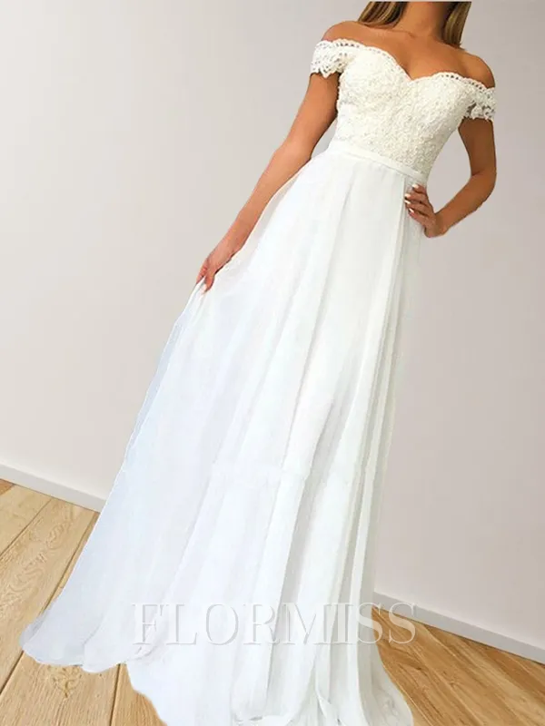 A-Line/Princess Off-the-Shoulder Sweep Train Chiffon Prom Dress With Appliques Lace