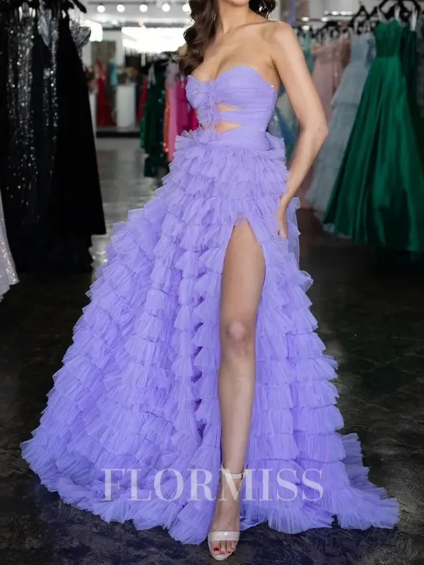 A-line Sweetheart Cascading Ruffles Sweep Train Tulle Porm Dress