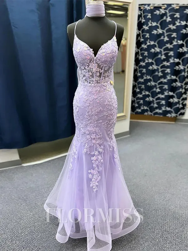 Mermaid V-neck Appliques Lace Floor-Length Tulle Corset Porm Dress