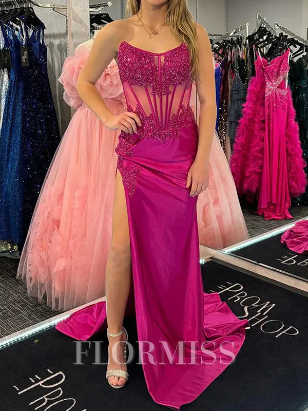 Sheath Straight Appliques Lace Sweep Train Silk Like Satin Corset Porm Dress