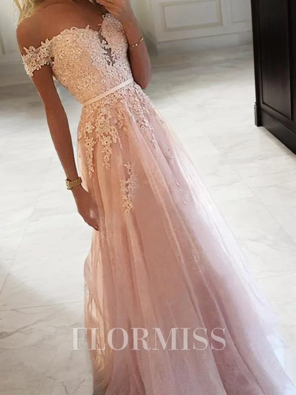 A-Line/Princess Off-the-Shoulder Floor-Length Tulle Prom Dress With Appliques Lace