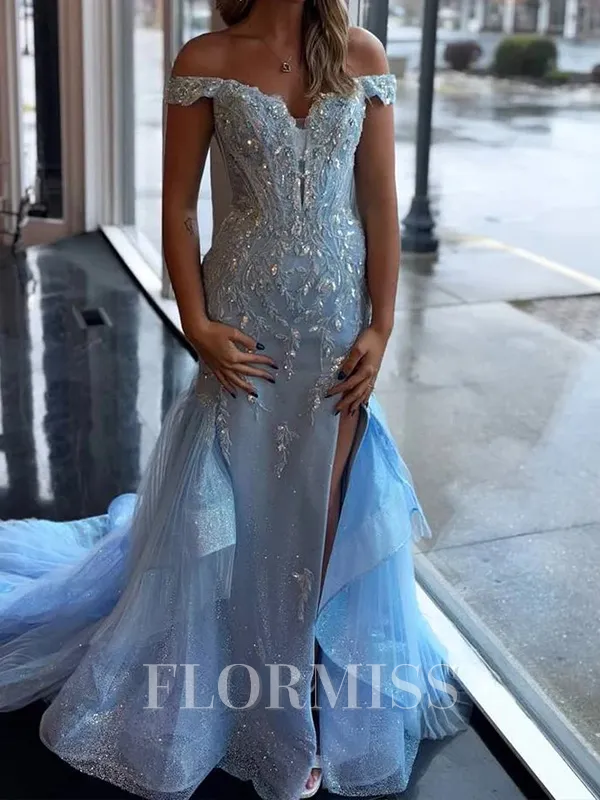 Sheath Off-the-Shoulder Appliques Lace Court Train Tulle Corset Porm Dress