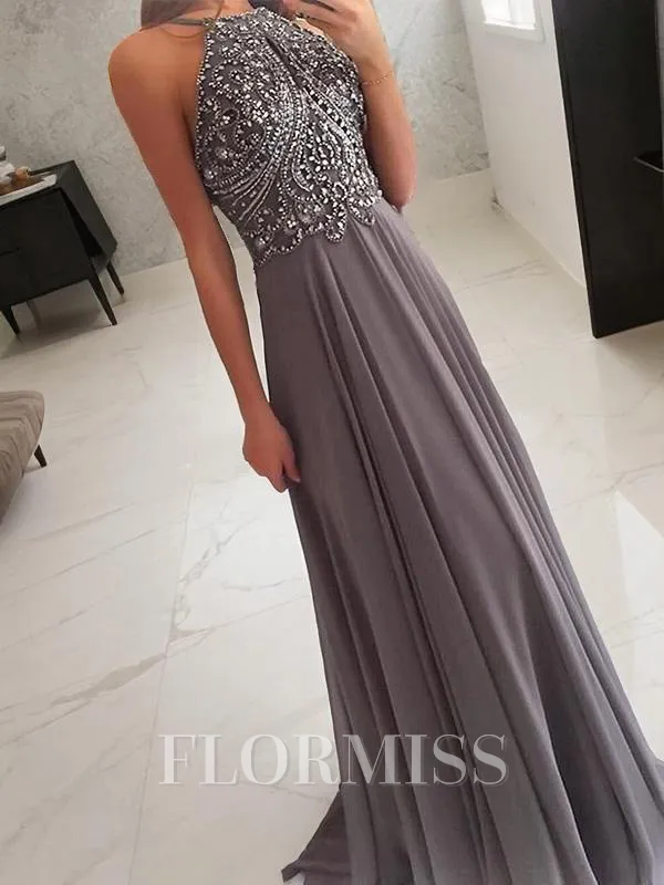 A-Line/Princess Halter Floor-Length Chiffon Prom Dress With Beading