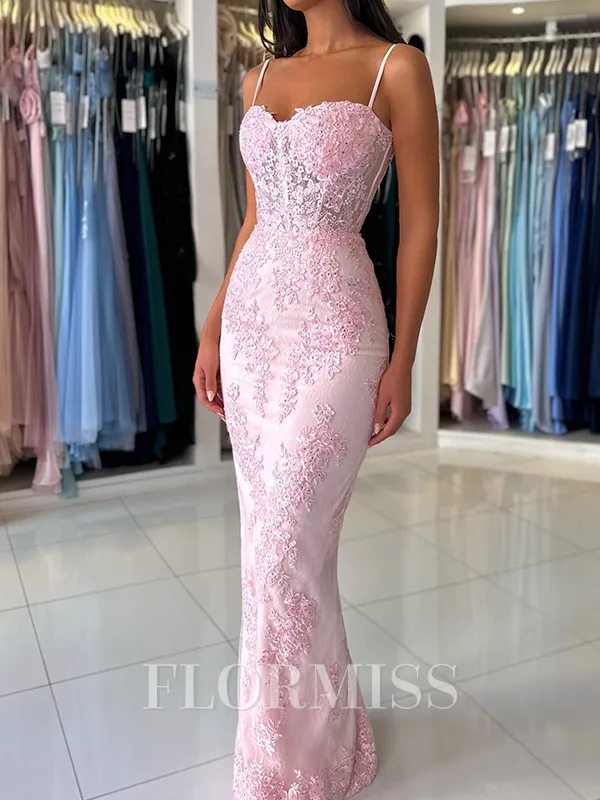 Sheath Spaghetti Straps Appliques Lace Floor-Length Tulle Corset Porm Dress