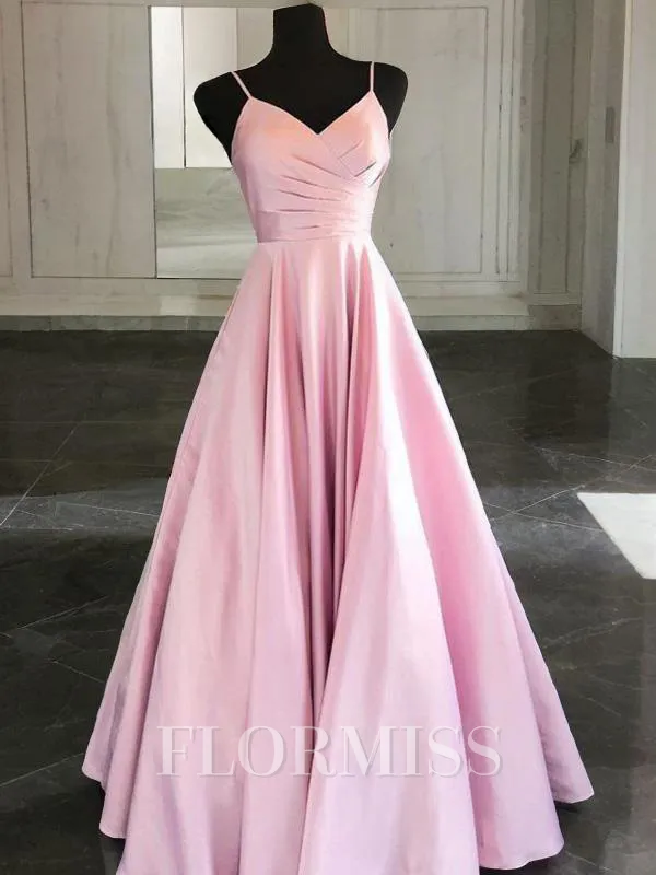 A-Line/Princess Spaghetti Straps Floor-Length Satin Prom Dress With Ruffles