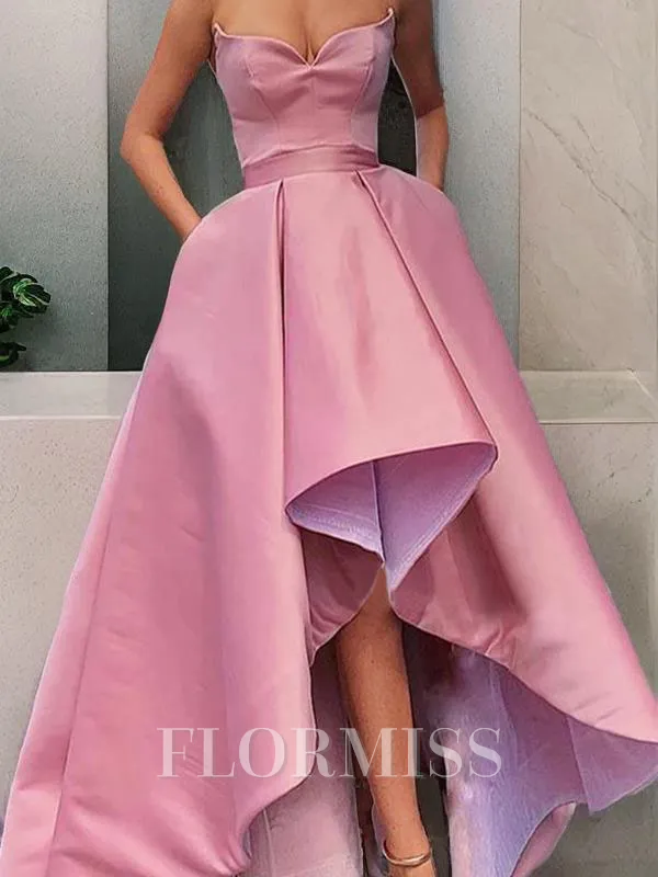 A-Line/Princess Strapless Asymmetrical Satin Prom Dress With Pockets