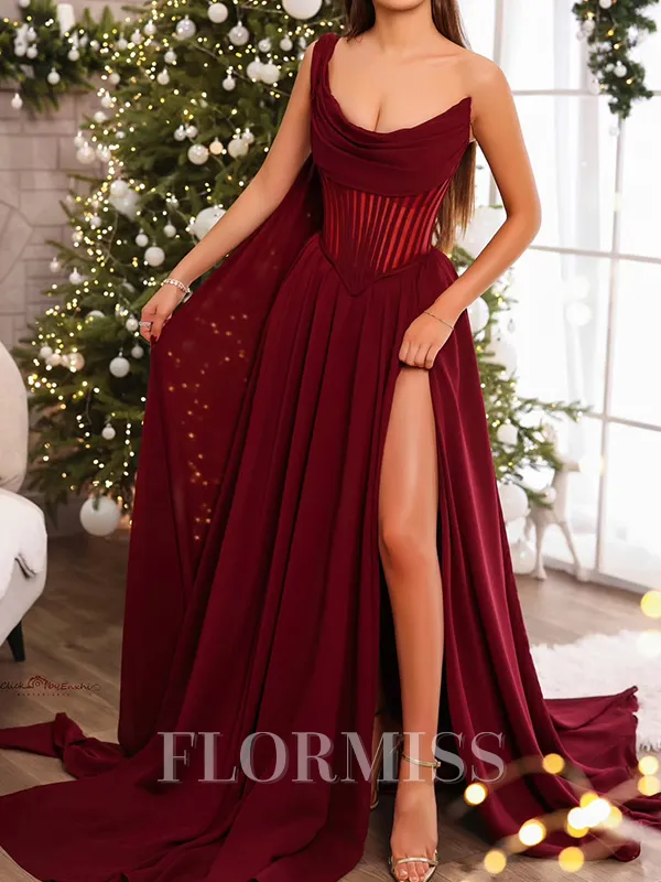 A-line Cowl Pleated Sweep Train Chiffon Corset Porm Dress