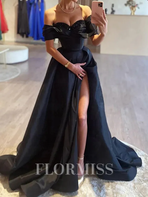 A-line Off-the-Shoulder Pleated Sweep Train Satin Porm Dress