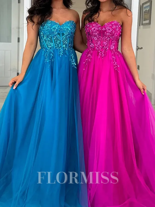 A-line Sweetheart Appliques Lace Floor-Length Tulle Corset Porm Dress