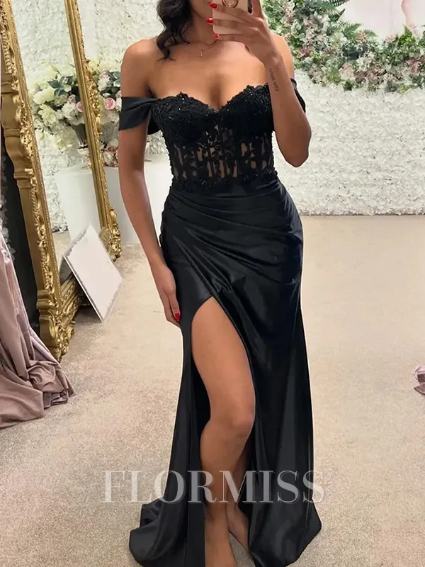 Sheath Off-the-Shoulder Appliques Lace Sweep Train Silk Like Satin Corset Porm Dress