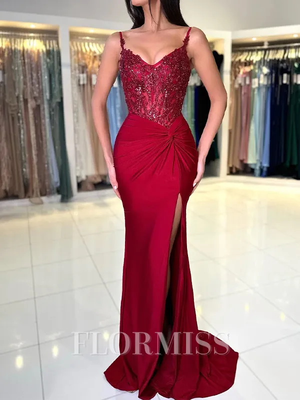 Sheath/Column Spandex V-neck Sleeveless Floor-Length Leg Slit Porm Dress