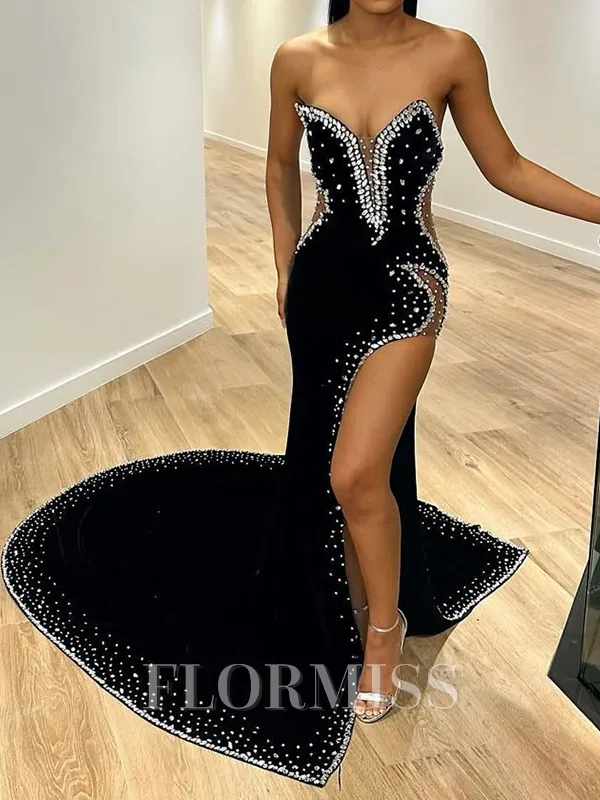 Trumpet/Mermaid Velvet Sweetheart Sleeveless Court Train Leg Slit Porm Dress