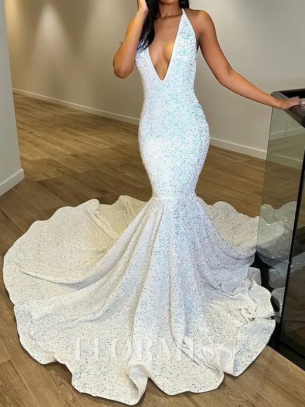 Trumpet/Mermaid Velvet Sequins V-neck Sleeveless Court Train Porm Dress